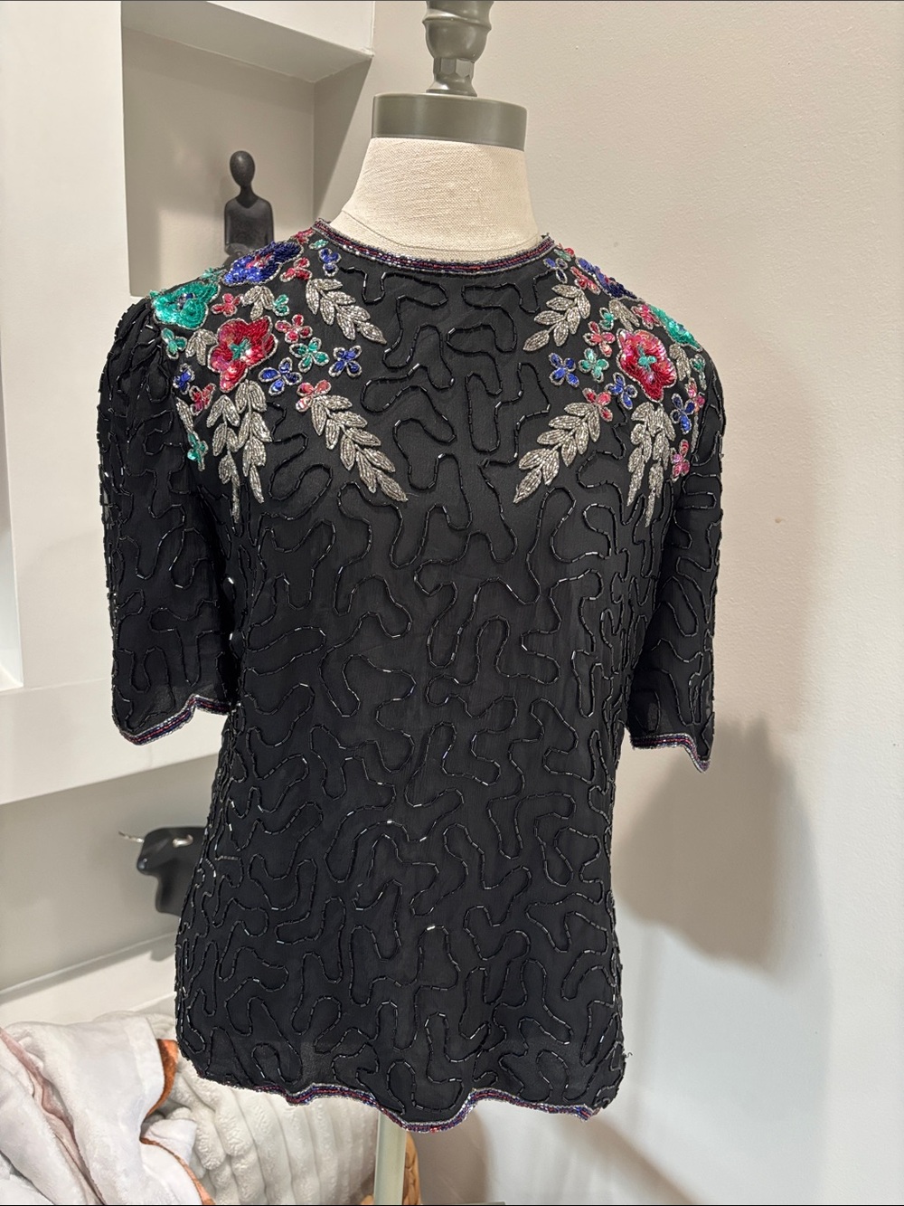 Laurence Kazar Black Beaded Floral Short-Sleeve Top with Multicolor Embroidery